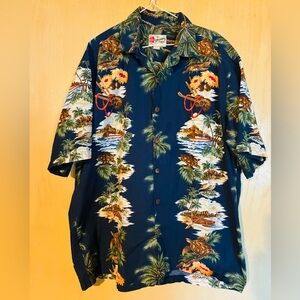 Vintage Hilo Hattie Navy Tropical Print Shirt XL